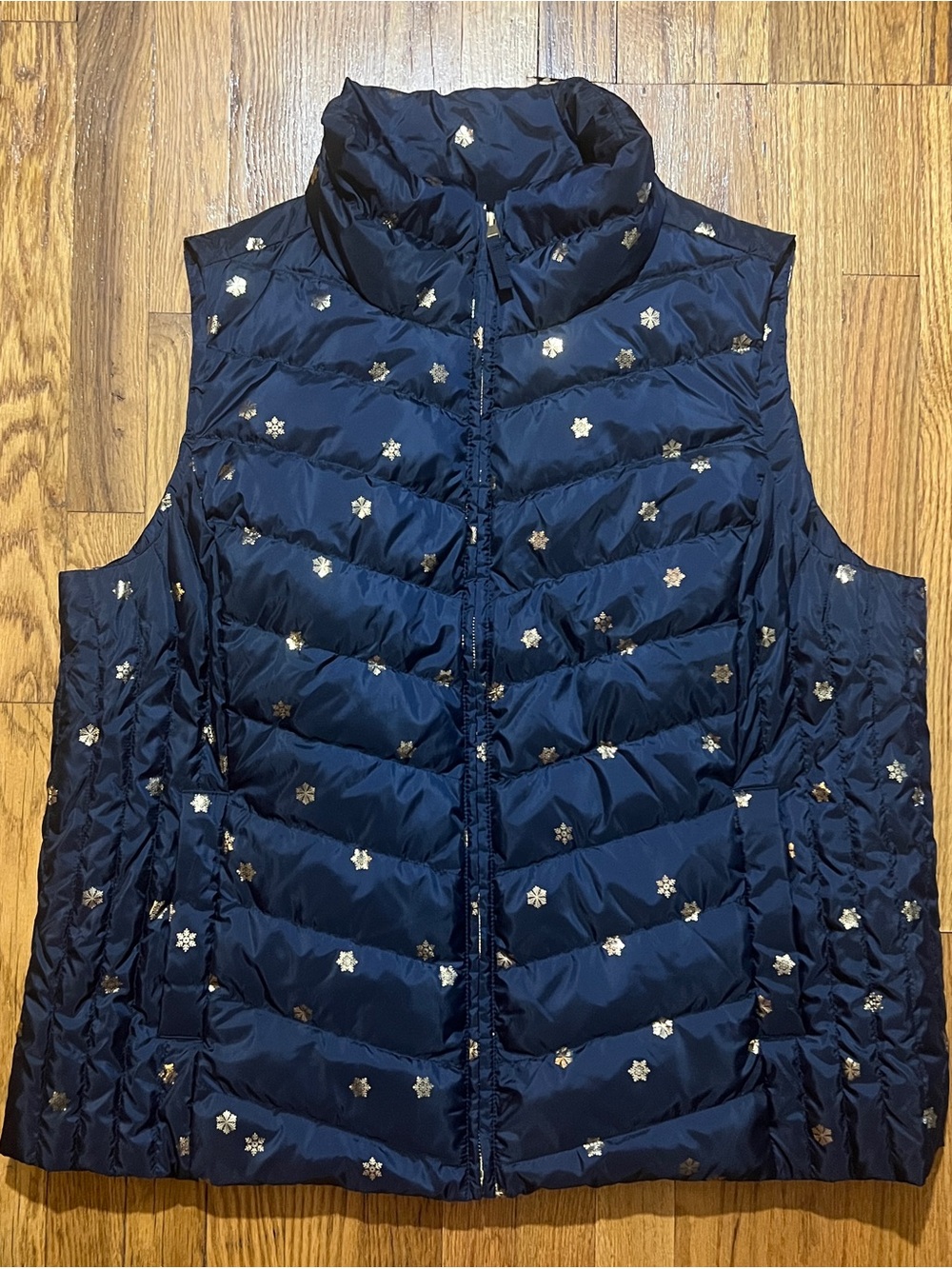 Talbots Plus Fine Down 2X Navy Blue Gold Snowflake Winter Puffer Vest Zip Pocket